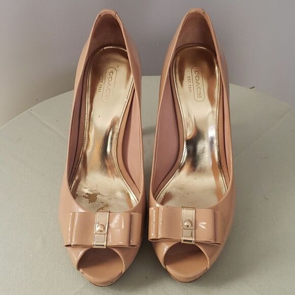 Coach Shoe Womens 9 Starla Nude Bow Peep Toe Platform Patent Leather Pumps - Picture 1 of 10